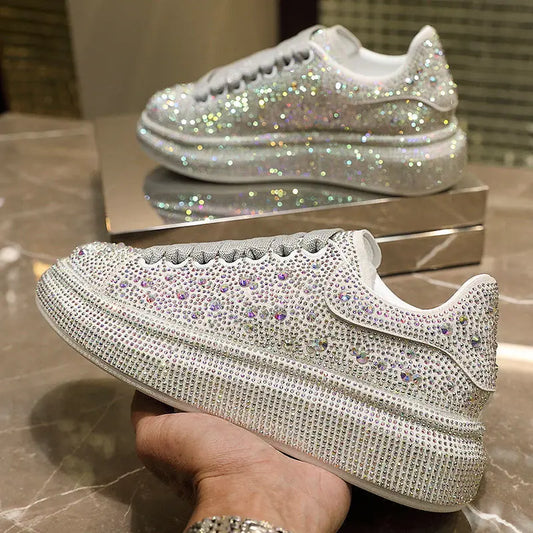 Autumn Women Platform Shoes crystal Thick-soled White Silver Shoes Shining Crystal Sneakers Trend Casual Sneakers - EUFASHIONBAGS