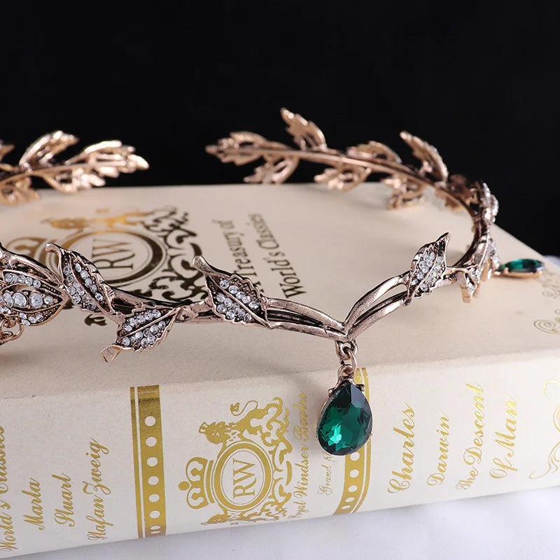 Vintage Bronze Emerald Green Fairy Crown Tiaras Crystal Leaves Elf Tiara Bandana Hair Accessories for Women Costume Hair Jewelry - EUFASHIONBAGS