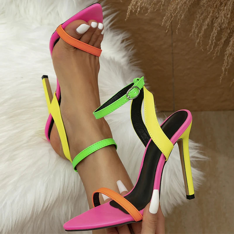 Mixed Colors Women Sexy Stiletto Sandals Cozy Leather Pointed Toe Buckle Strap High Heels Summer Party Prom Shoes Size 42 - EUFASHIONBAGS