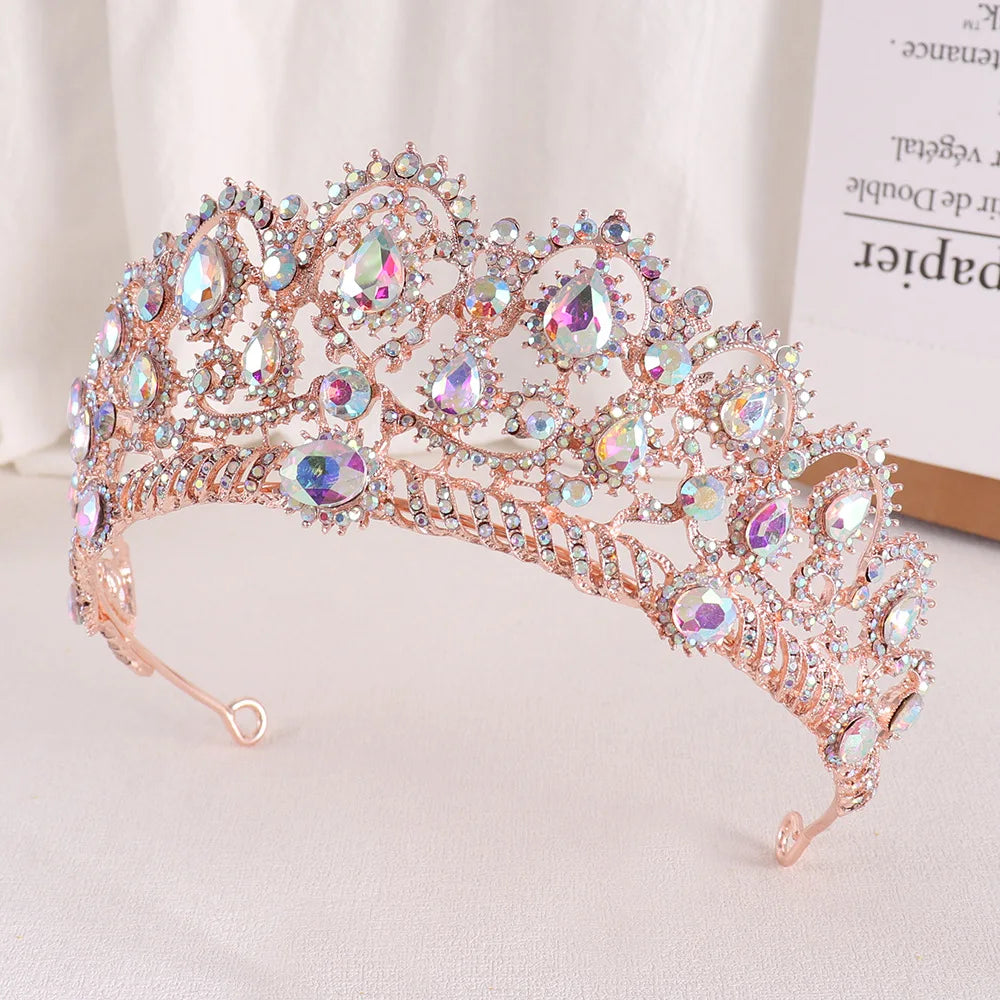 Rose Gold AB Color Rhinestone Wedding Crown Crystal Bridal Hair Accessories Women Tiaras Baroque Headband Queen Diadem Headwear - EUFASHIONBAGS