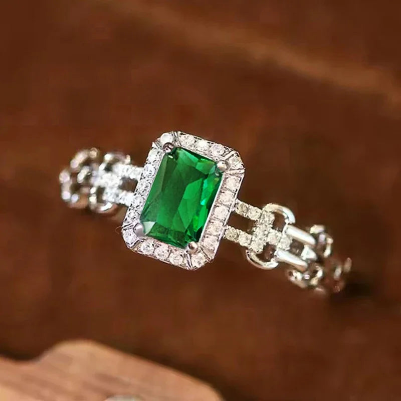 Rectangular Green Cubic Zirconia Rings Women Luxury Wedding Band Accessories Linked Band Modern Fashion Design Jewelry - EUFASHIONBAGS