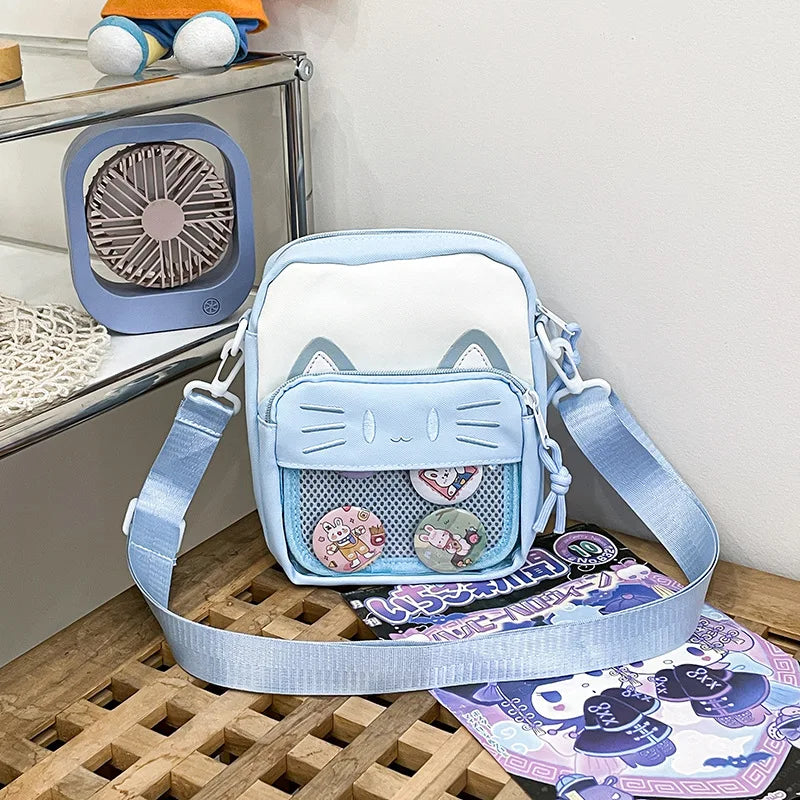 Harajuku Mini Women Ita Bags Women Casual Nylon Cartoon Cat Embroidered Bolso Mujer Daily Subculture DIY Badge Bag Female - EUFASHIONBAGS