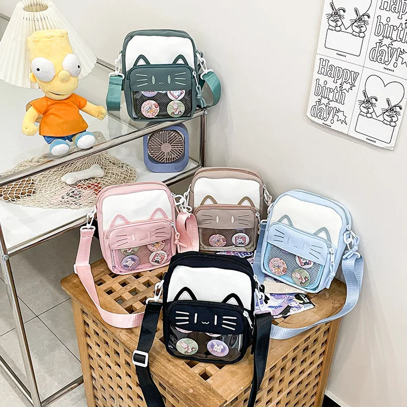 Harajuku Mini Women Ita Bags Women Casual Nylon Cartoon Cat Embroidered Bolso Mujer Daily Subculture DIY Badge Bag Female - EUFASHIONBAGS