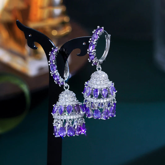 Luxury Purple Cubic Zirconia Chandelier Dangle Water Drop Long Jhumkas Earrings for Women Wedding Party Jewelry - EUFASHIONBAGS