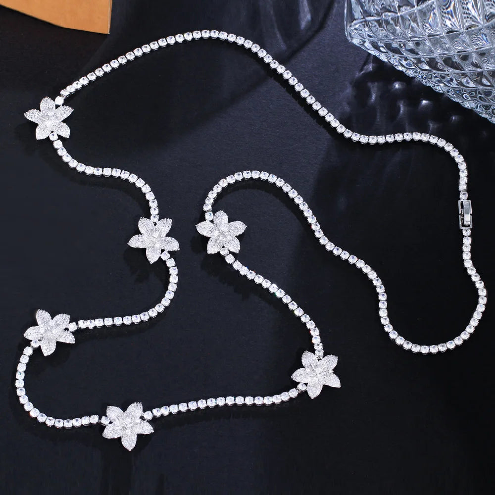 Chic Round Gorgeous Cubic Zirconia Flower Link Long Sweater Tennis Necklace for Women Bridal Party Accessories - EUFASHIONBAGS