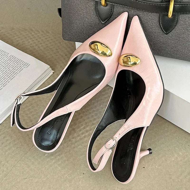 Metal Buckle Design Brand High Heels Women Sexy Pointed Slingbacks Sandals Female Fashion Banquet Dress Shoes Zapatos De Mujer