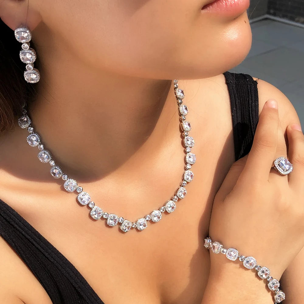 4Pcs Square Cubic Zirconia Paved Women Wedding Party Necklace Earring Bracelet Rings Bridal Costume Jewelry Sets - EUFASHIONBAGS