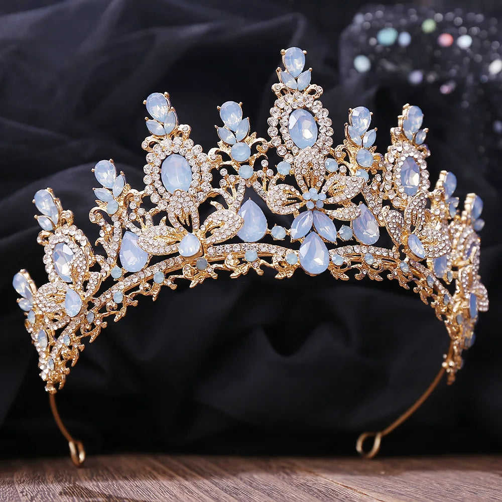 Silver Color Pink Opal Royal Queen Wedding Crown Rhinestone Crystal Bridal Diadem Pageant Headdress Bride Tiara Hair Accessories - EUFASHIONBAGS