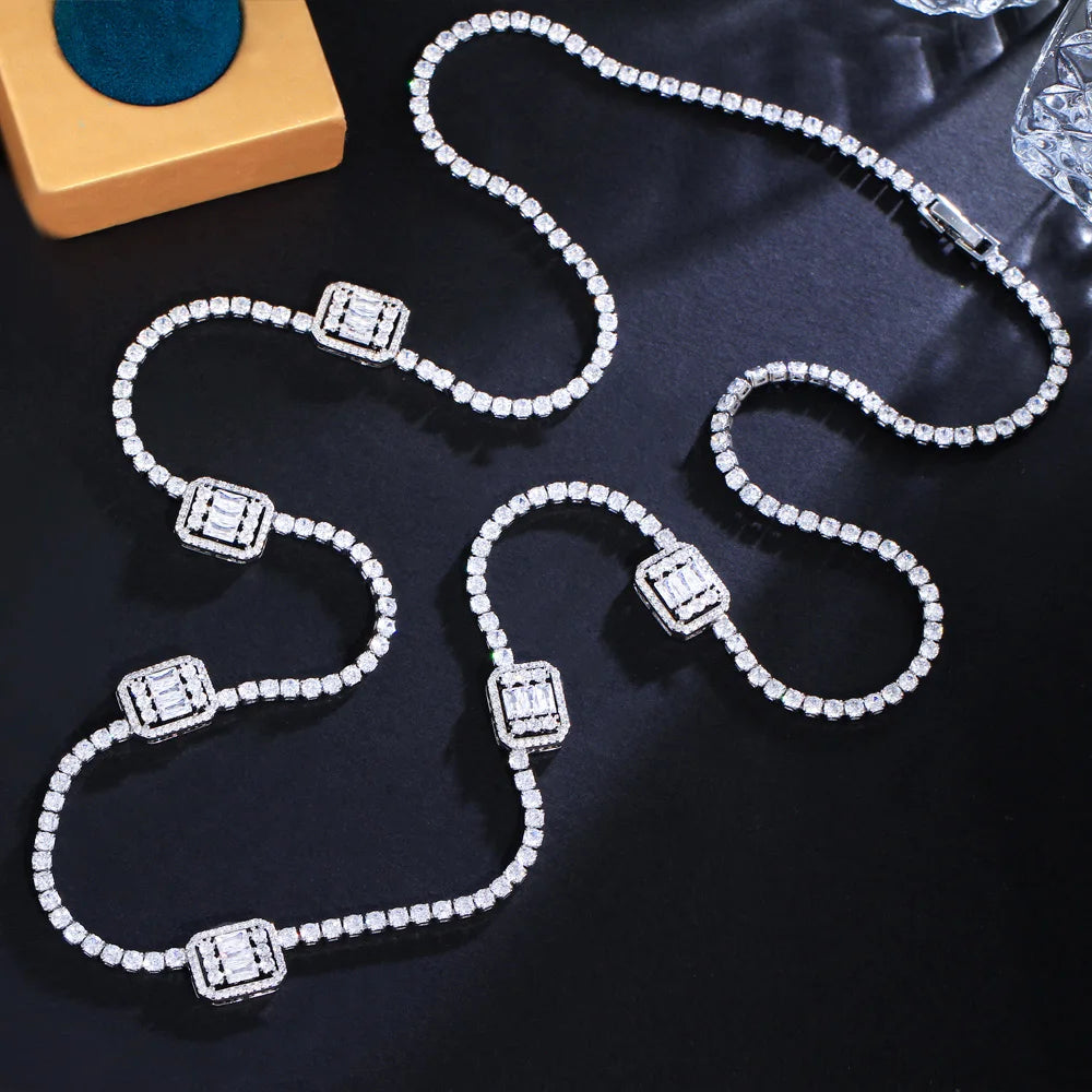 Bling Baguette CZ Cubic Zircon Pave Silver Color Women Long Sweater Chain Necklace Dubai Bridal Prom Jewelry - EUFASHIONBAGS