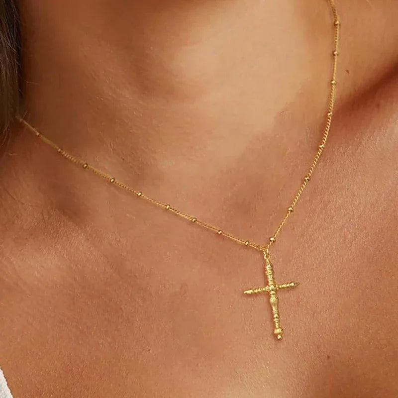 Gold Color Cross Pendant Long Beads Chain Necklace for Women Statement Female Neck Accessories Daily Wear Trendy Jewelry - EUFASHIONBAGS