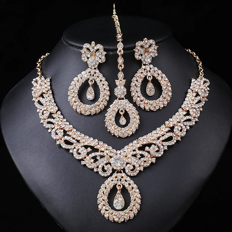 Luxury Gold Color Geometric Crystal Earrings Choker Necklace Wedding Jewelry Sets Elegant Bride Party Costume Dress Accessories - EUFASHIONBAGS