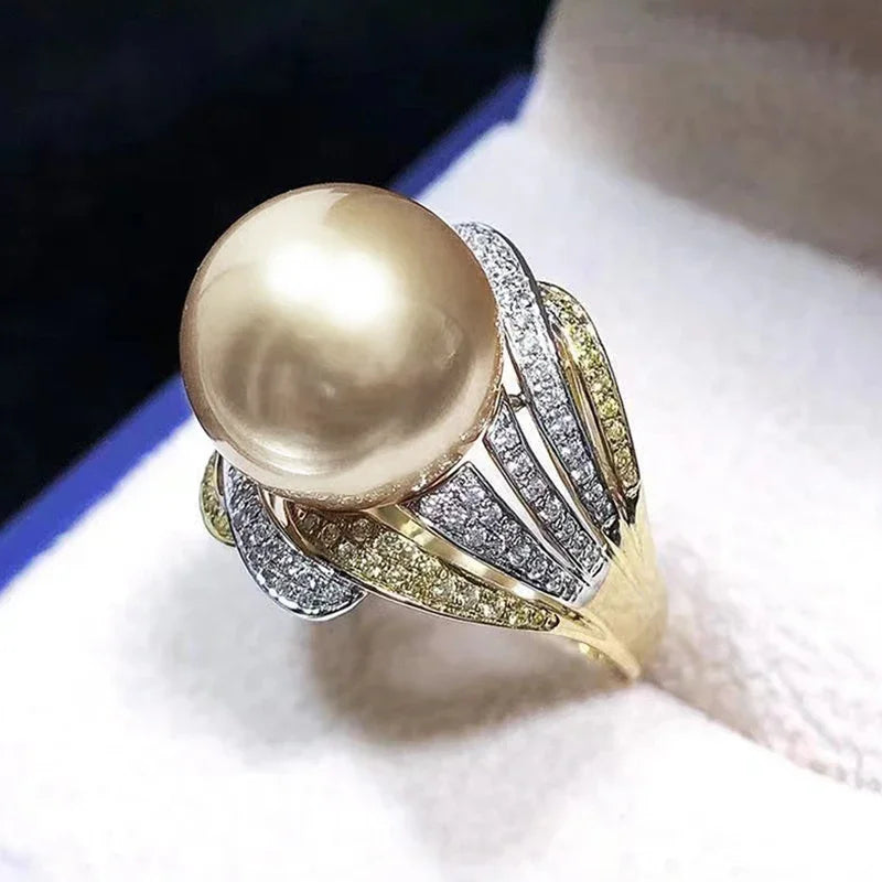 Champagne Imitation Pearl Rings for Women Two Tone Full CZ Luxury Trendy Wedding Engagement Jewelry New Arrival - EUFASHIONBAGS