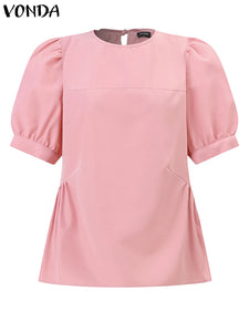 2024 VONDA Elegant Women Blouse Short Sleeve Solid Color Shirts Summer Round Neck Fashion Blusas Femininas Party Tunic Tops
