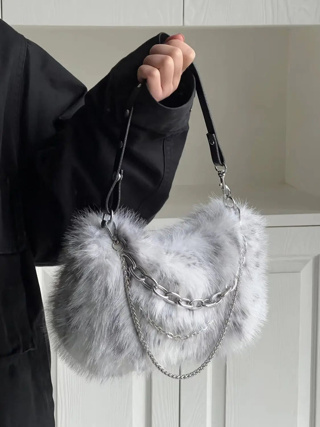 Vintage Y2K Handbag Women Autumn New Hot Girls Chain Plush Soft Shoulder Bag Ladies Harajuku Grey Underarm Bag Aesthetic - EUFASHIONBAGS