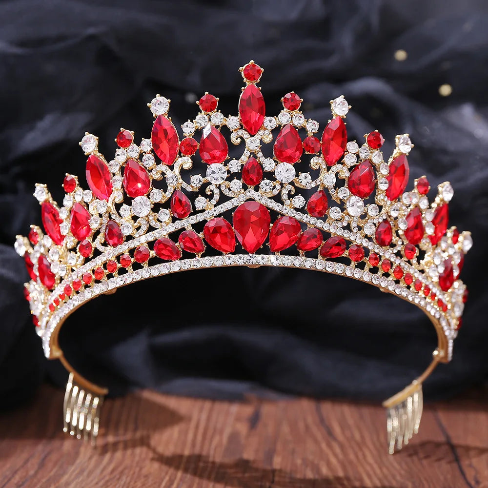 Baroque Gold Color Red Crystal Bridal Tiaras Crowns Rhinestone Pageant Diadem Women Headpieces Wedding Hair Accessories Jewelry