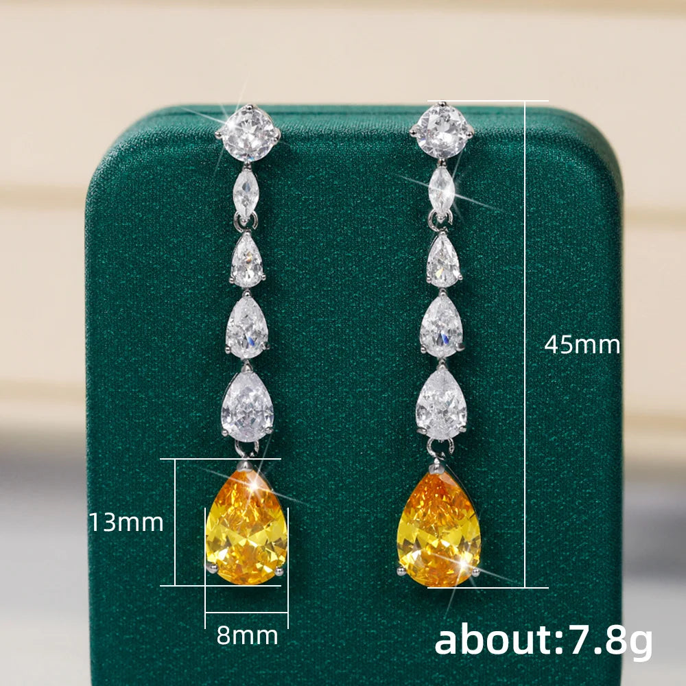 Bright Pear Yellow Cubic Zirconia Long Hanging Earrings Romantic Bride Wedding Accessory Luxury Fashion Jewelry for Women - EUFASHIONBAGS