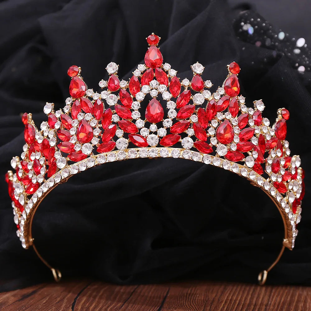 Baroque Gold Color Red Crystal Bridal Tiaras Crowns Rhinestone Pageant Diadem Women Headpieces Wedding Hair Accessories Jewelry