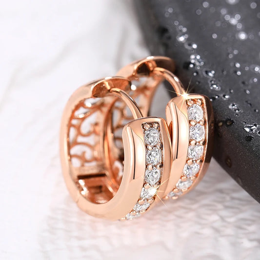 New Rose Gold Color Hoop Earrings with One Line CZ Temperament Women's Circle Earrings Hollow Pattern Statement Jewelry - EUFASHIONBAGS