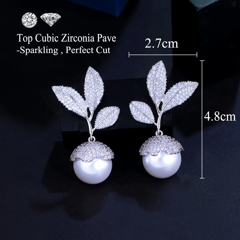 Symmetrical Big Leaf Shape Micro Pave White Cubic Zirconia Dangling Drop Pearl Wedding Party Earrings for Women - EUFASHIONBAGS