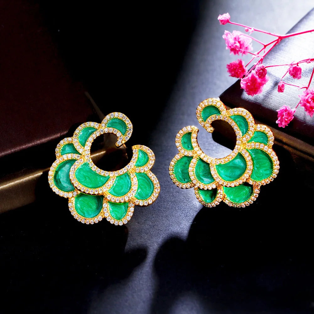 Geometric Multiple Green Enamel Flower Gold Plated Cubic Zircon Big Drop Chic Retro Wedding Earrings for Women - EUFASHIONBAGS