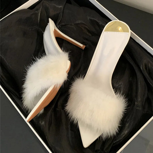 Summer Party Banquet High Heels Modern Slippers Women White Fluffy Feathers Designer Sandals Sexy Pointed Toe Mules Shoes