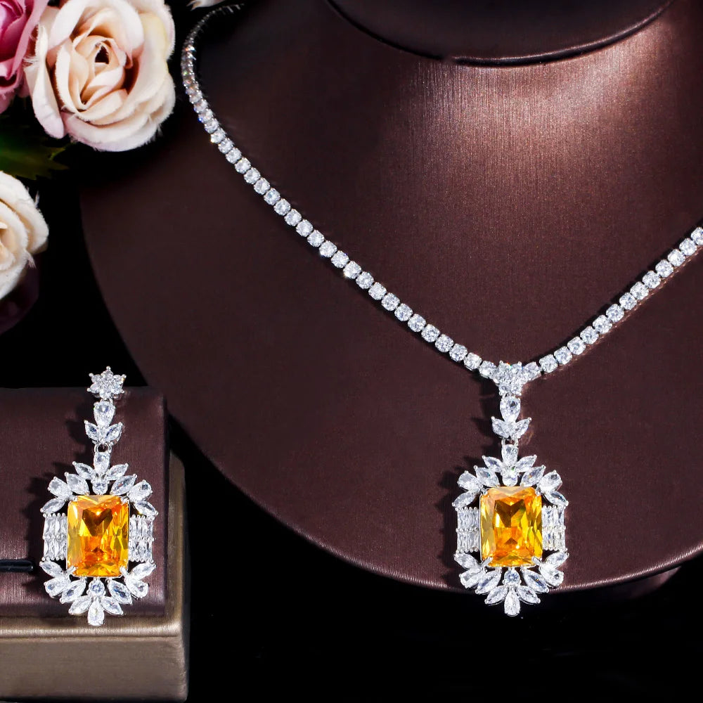 Glittering Big Rectangle Cubic Zirconia Women Wedding Engagement Costume Necklace Jewelry Sets Accessories