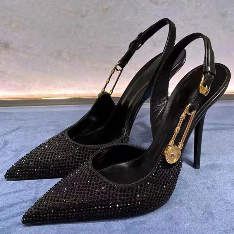 Luxury Rhinestones Sequined Buckle Women Pumps Elegant Pointed toe Slingbacks Stiletto High heels Spring Summer Fashion Shoes - EUFASHIONBAGS