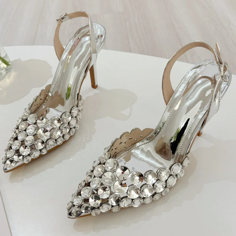 Shiny Rhinestone High Heeled Sandals for Women Pointed Toe Luxury Party Dress Shoes Sexy Diamond Brand High Heels Ladies Pumps