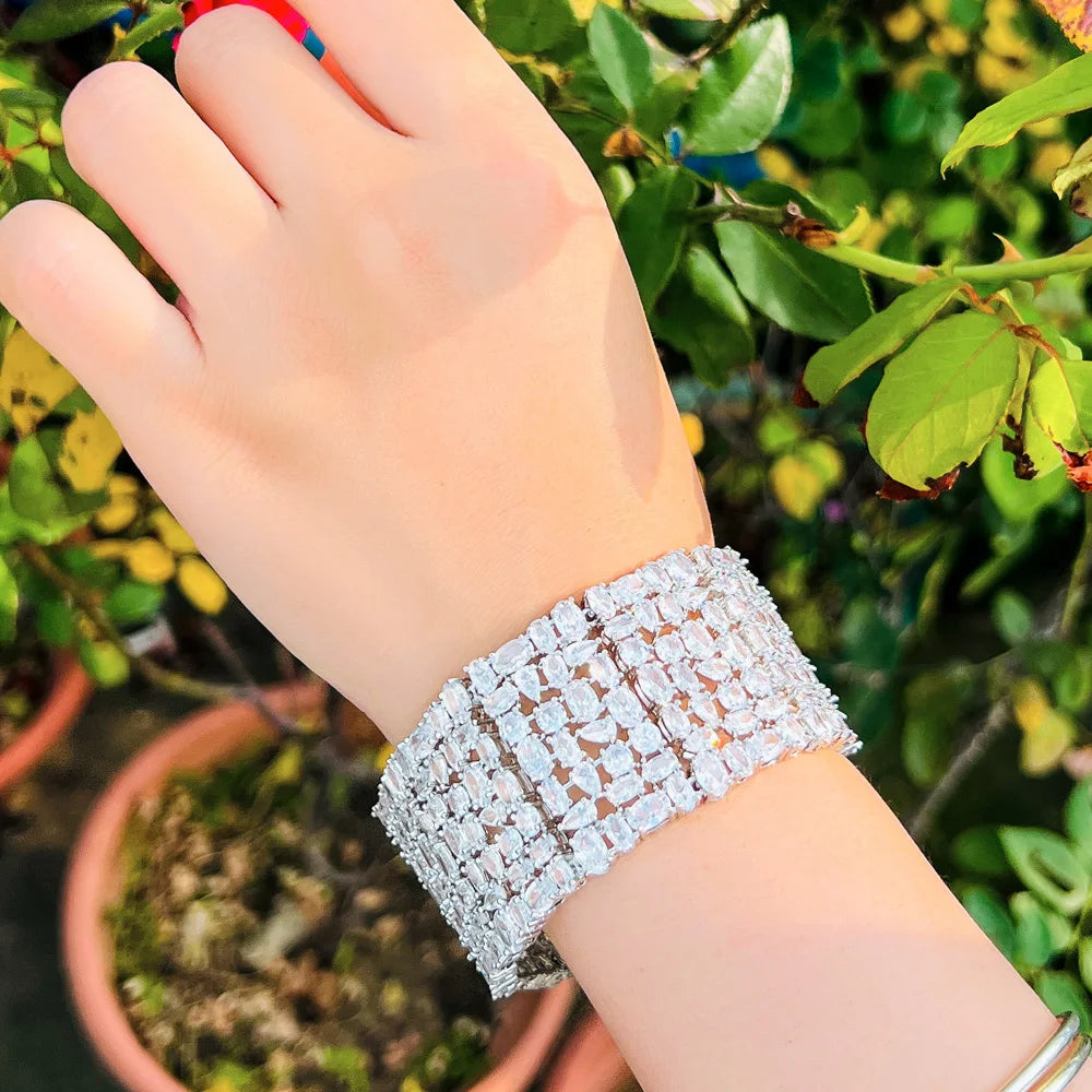 Top Grade Glamorous Cubic Zirconia Pave Statement Chunky Luxury Big Wide Women Wedding Bridal Party Bracelets - EUFASHIONBAGS