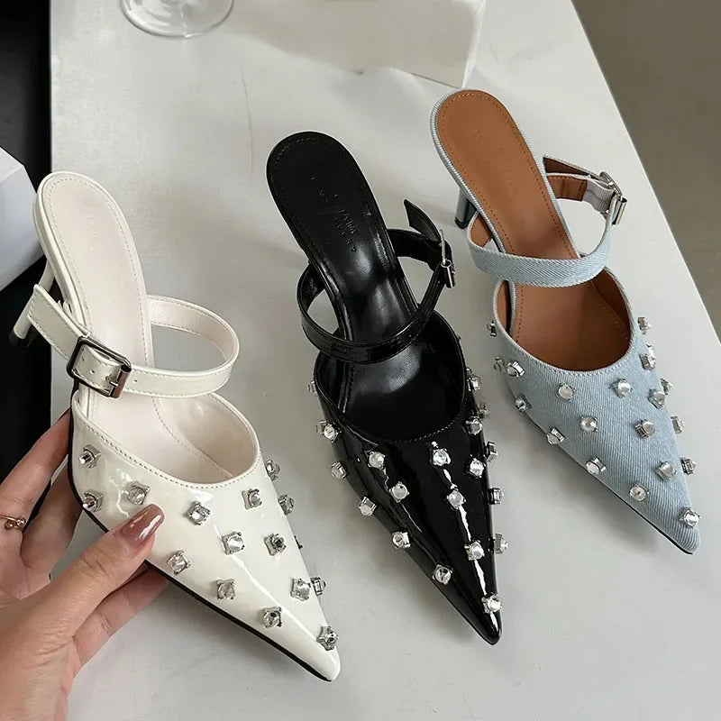 Luxury Rhinestone Mules Pumps Women 2025 New Summer Sexy Pointed Toe Thin High Heels Sandals Ladies Crystal Brand Slippers Women