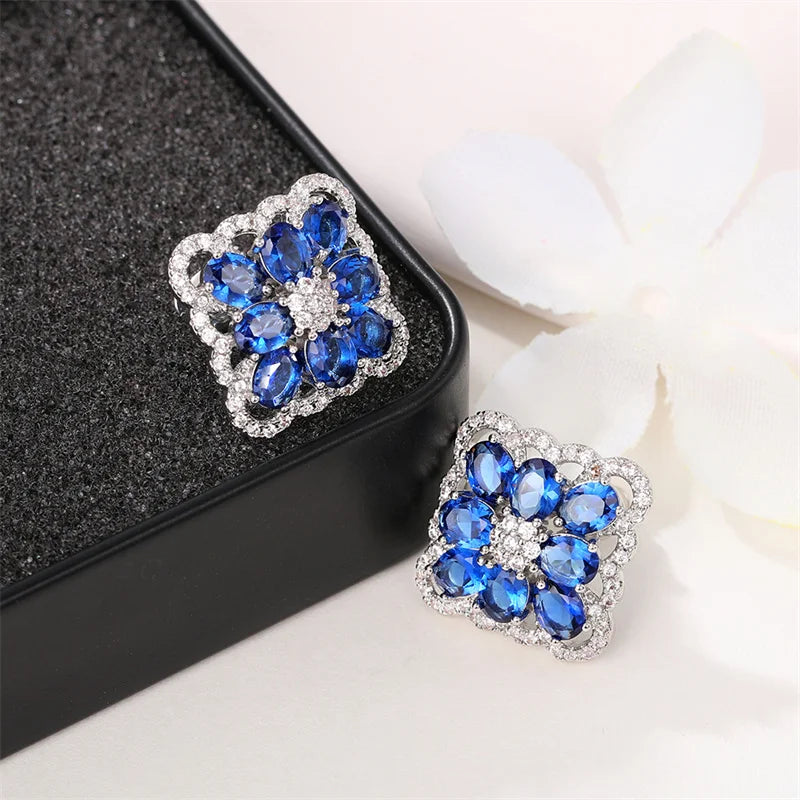 Blue CZ Earrings Women Engagement Wedding Anniversary Party Elegant Lady's Ear Stud Accessories Fashion Jewelry - EUFASHIONBAGS