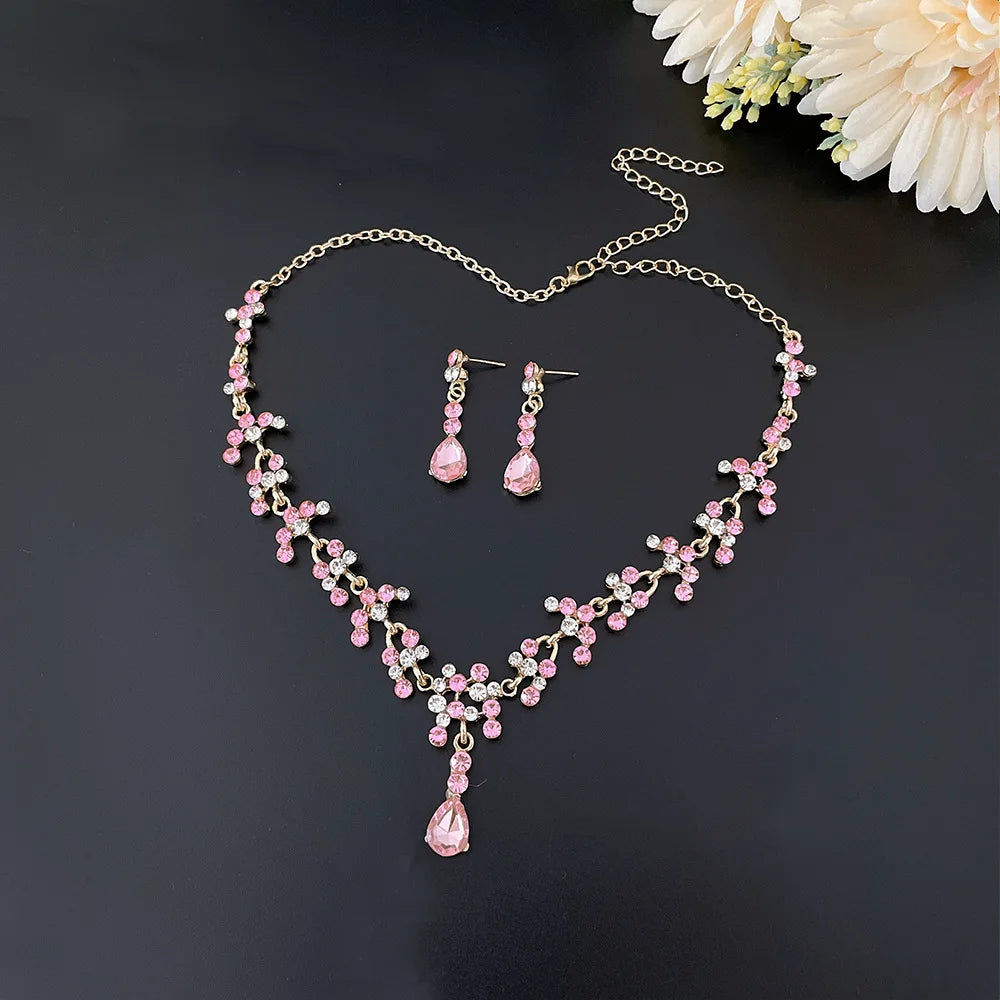 Gold Color Pink Crystal Bridal Jewelry Sets for Women Fashion Tiaras Earrings Necklace Crown Wedding Dubai Jewelry Set - EUFASHIONBAGS