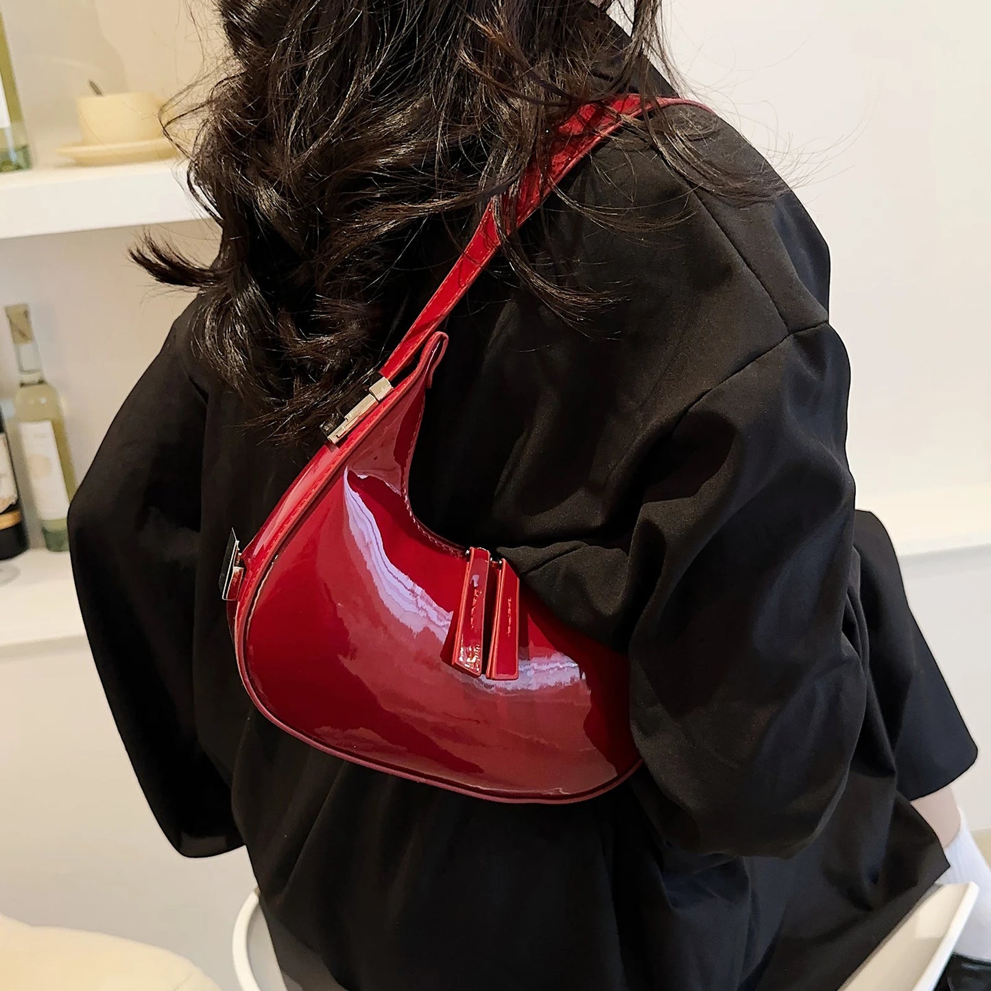 Half Moon Bag Vintage PU Leather Small Shoulder Bag for Women Girls Hobo Handbag Luxury Retro Red Ladies Armpit Purses Totes - EUFASHIONBAGS