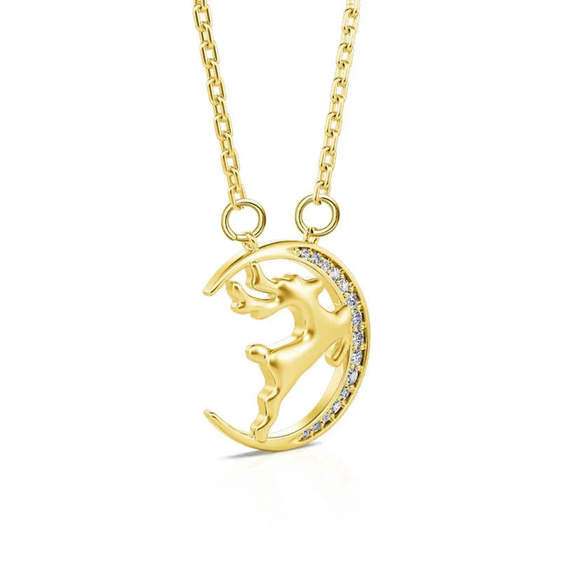 Romantic Jumping Elk Moon Shaped Pendant Necklace for Women Merry Christmas Female Necklaces CZ Exquisite Neck Jewelry