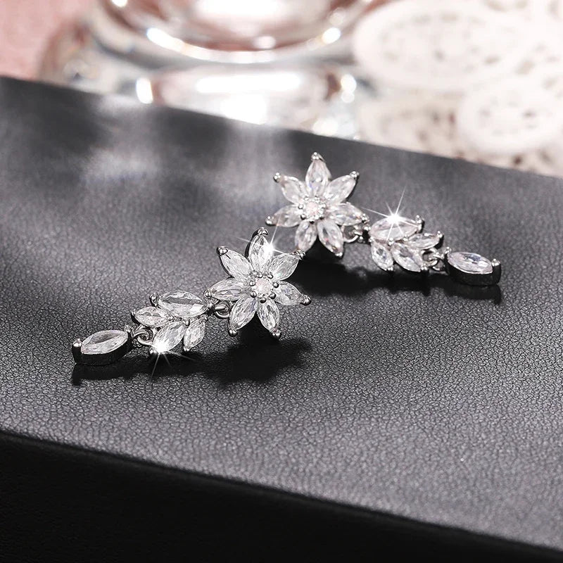 Sparkling Cubic Zirconia Dangle Earrings Women Aesthetic Flower Design Luxury Bridal Wedding Earrings New Fashion Jewelry - EUFASHIONBAGS