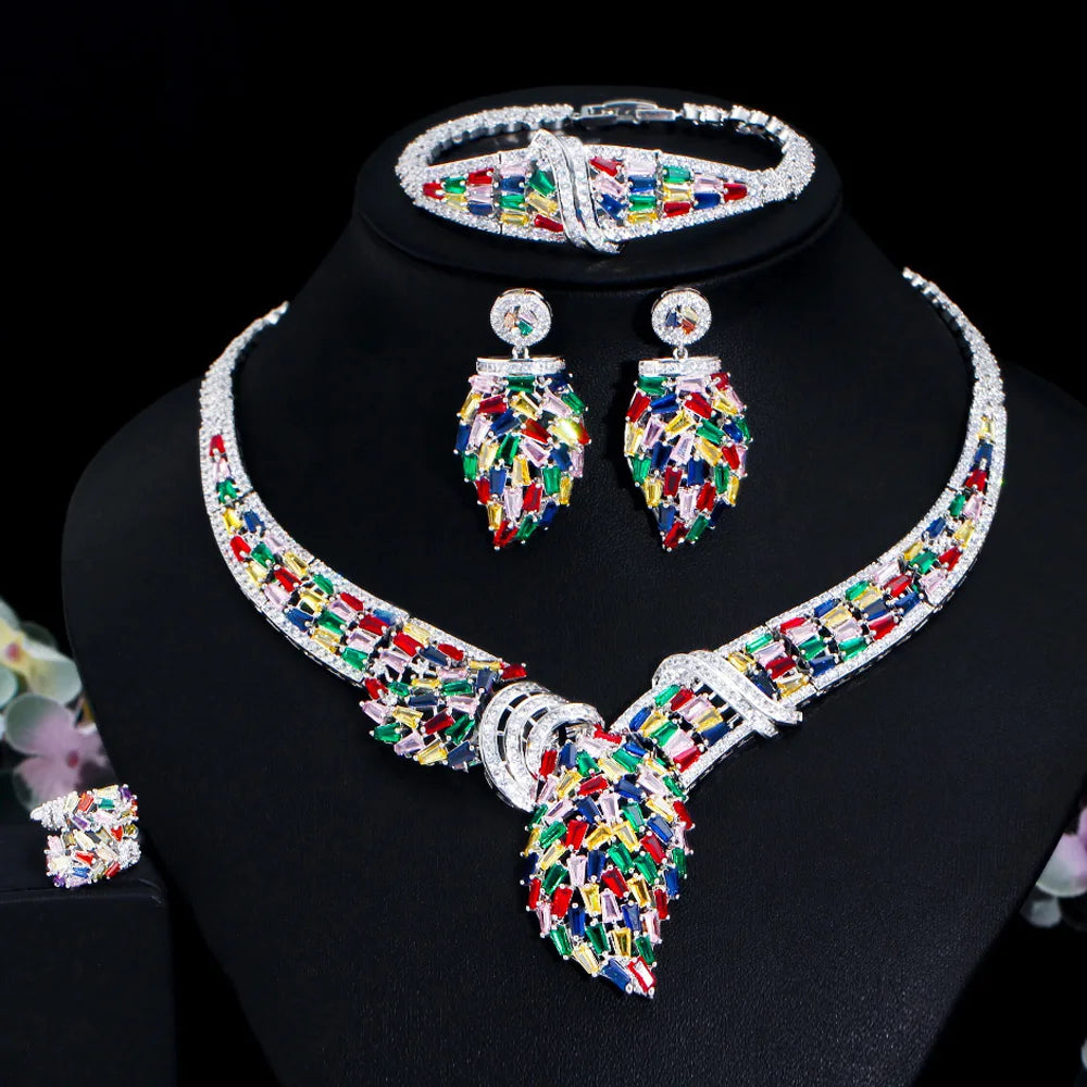 4pcs Nigerian Multicolor CZ Luxury Statement Big Chunky Bridal Necklace Jewelry Sets Wedding Costume Accessories - EUFASHIONBAGS