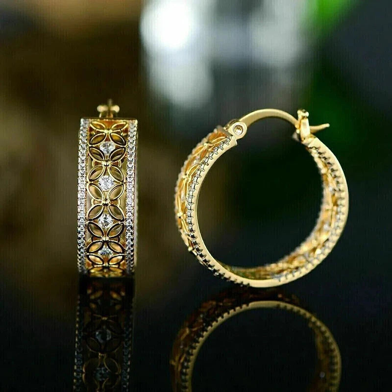 Aesthetic  Delicate Hoop Earrings Hollow-out Design Gold Color Shiny Zirconia Jewelry Graceful Engagement Accessories