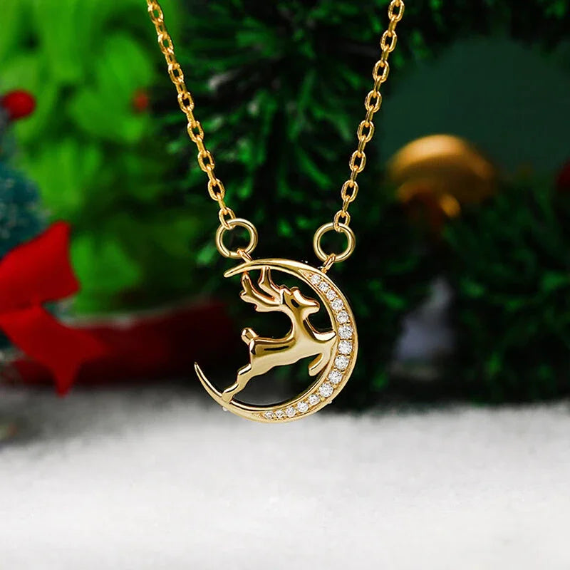 Romantic Jumping Elk Moon Shaped Pendant Necklace for Women Merry Christmas Female Necklaces CZ Exquisite Neck Jewelry