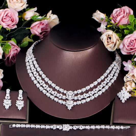 Cubic Zirconia Big Multiple Necklace 4pcs UAE Dubai Women Wedding Jewelry Sets Luxury Bridal Costume Accossories