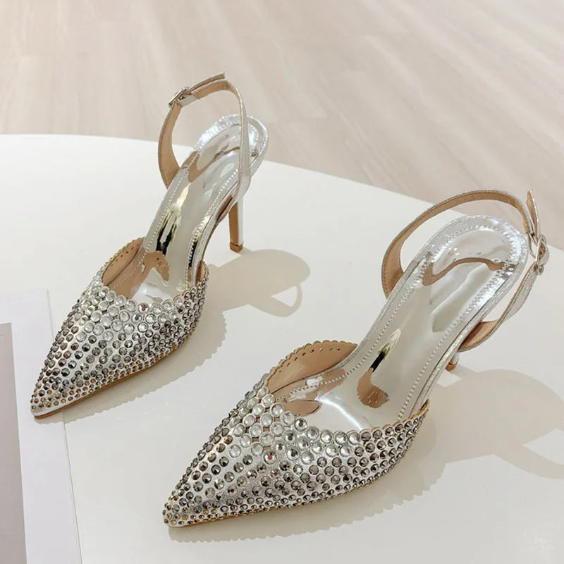 Sexy Slingback Shoes Women Pumps Crystal Rhinestone Pointed Toe Back Buckle Strap Black High Heels Mules Sandals Female