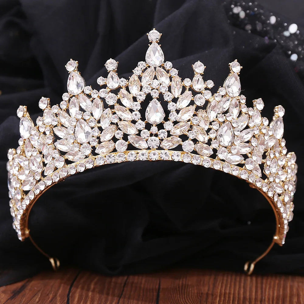 Baroque Korean Gold Color Crystal Crown Hair Accessories Luxury Rhinestone Tiara For Women Wedding Headdress Bridal Hair Jewelry