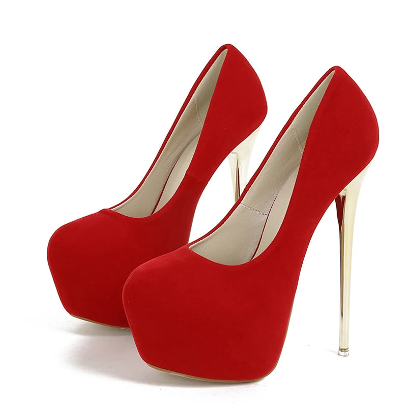 Spring Autumn Sexy Metal Super High Heels Platform Pumps Women Pink Red Round Toe Stiletto Wedding Banquet Shoes Size 45