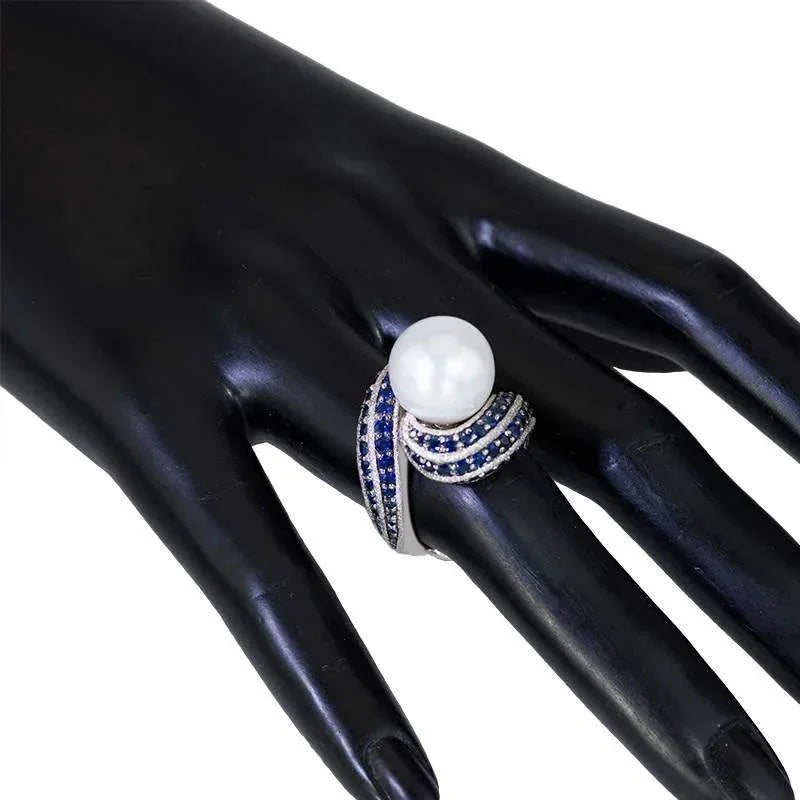 Hyperbole Personality Women Rings Irregular Shaped Full with Blue CZ Imitation Pearl Wedding Rings Hot Trendy Jewelry - EUFASHIONBAGS