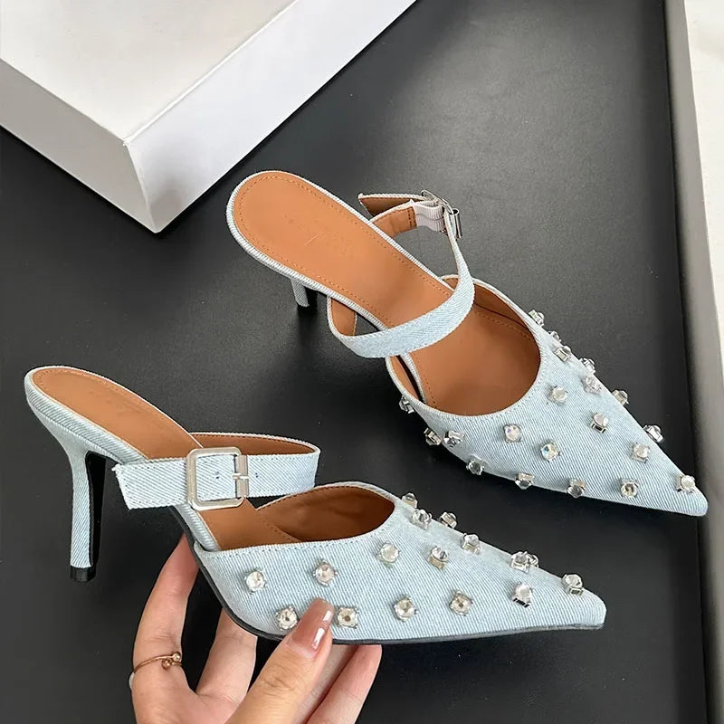 Luxury Rhinestone Mules Pumps Women 2025 New Summer Sexy Pointed Toe Thin High Heels Sandals Ladies Crystal Brand Slippers Women