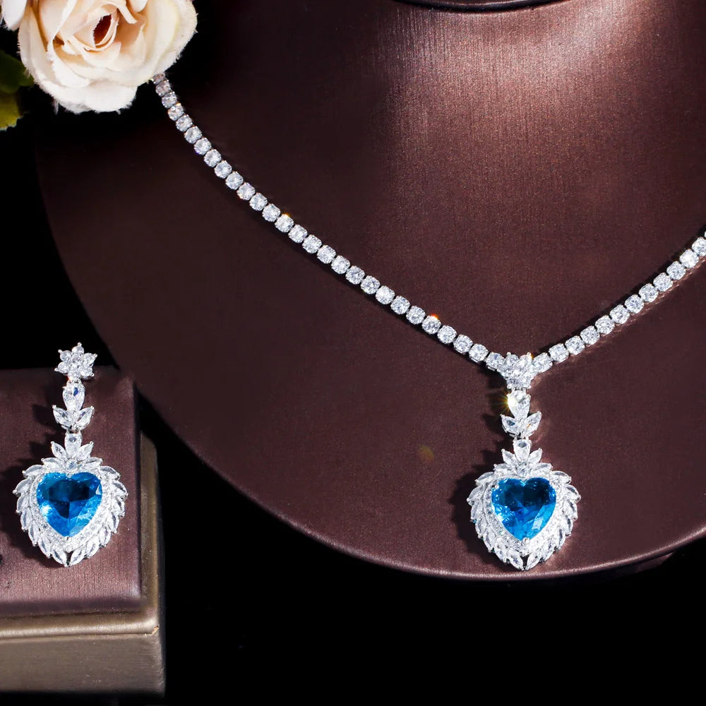 Light Ocean Blue Heart Shape CZ Crystal Necklace Earrings Jewelry Sets for Women Wedding Bridal Gift