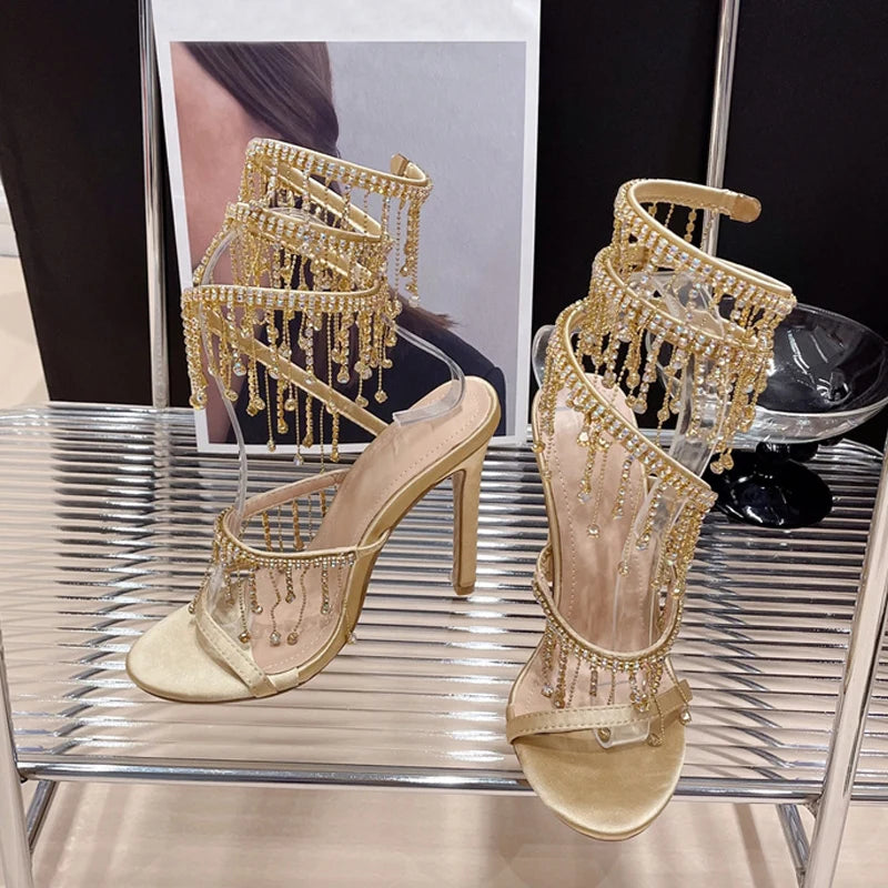 Women Wedding Banquet Shoes Fashion Crystal Tassel Twining Stiletto Sandals Sexy Open Toe Stripper Heels Golden