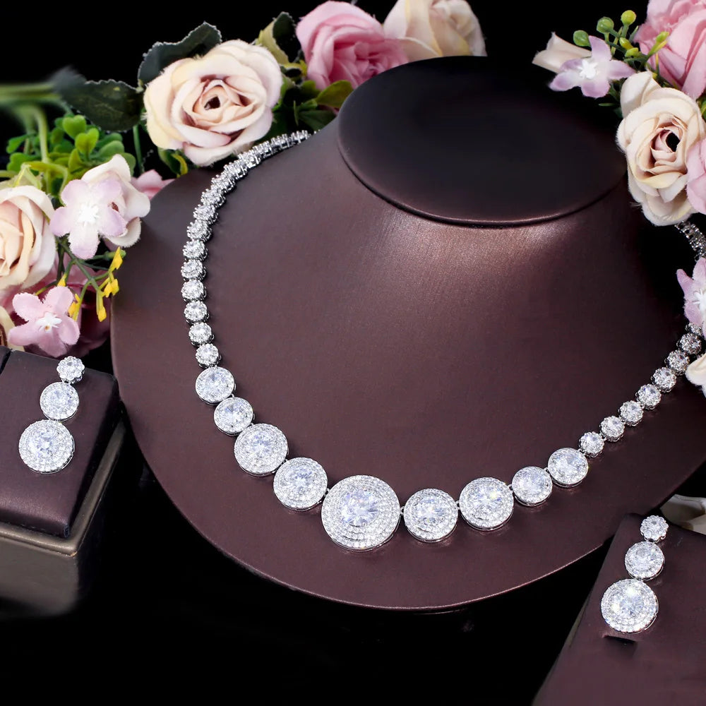 Delicate White Gold Color Round Cubic Zirconia Wedding Festive Costume Necklace Earrings Bridal Jewelry Sets - EUFASHIONBAGS