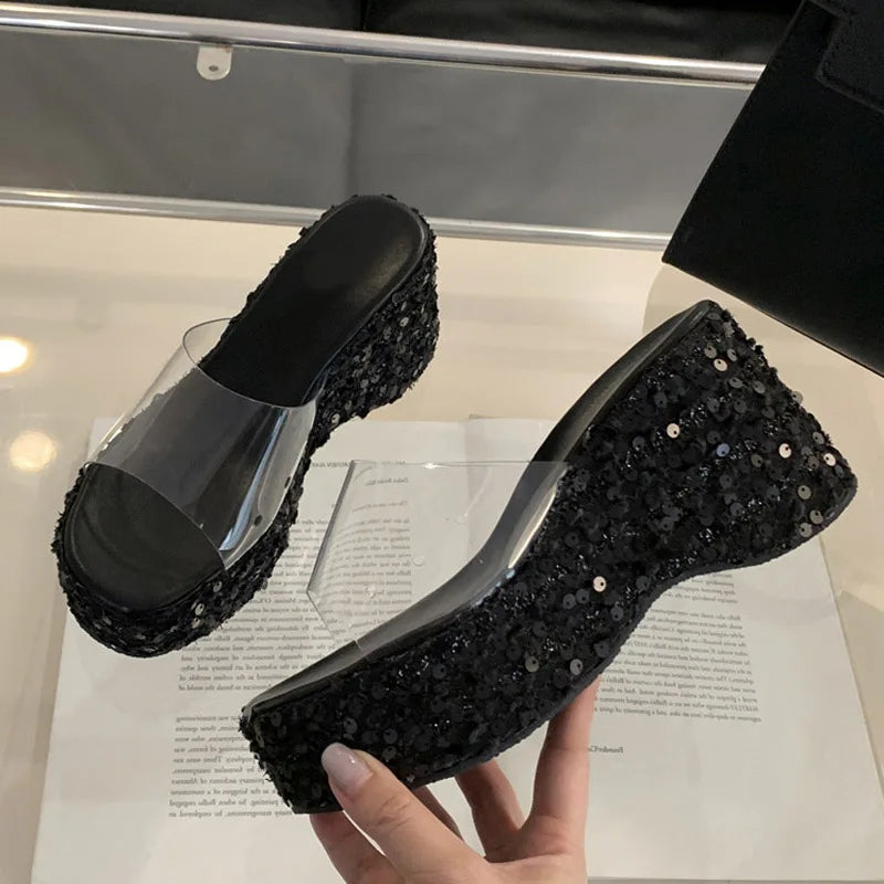 New Fashion Sequined Platform Wedges Slippers Women Open Toe PVC Transparent Sandals Female Shoes High Heels Zapatos Mujer - EUFASHIONBAGS