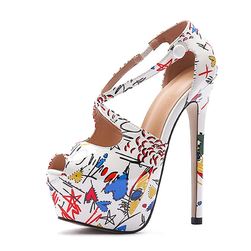 Hand-Painted Leather Platform Pumps Women Sexy Peep Toe 16CM Extreme High Heels Stiletto Party Banquet Shoes