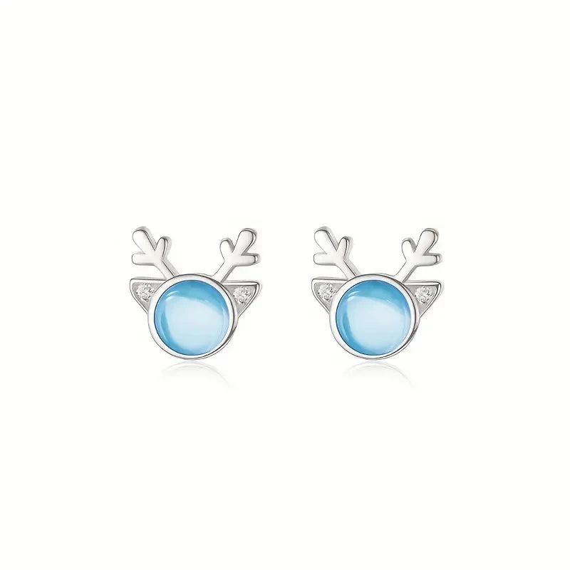 Dainty Christmas Stud Earrings Cute Girls Delicate Elk Accessories with Cubic Zirconia Blue Imitation Moonstone Jewelry